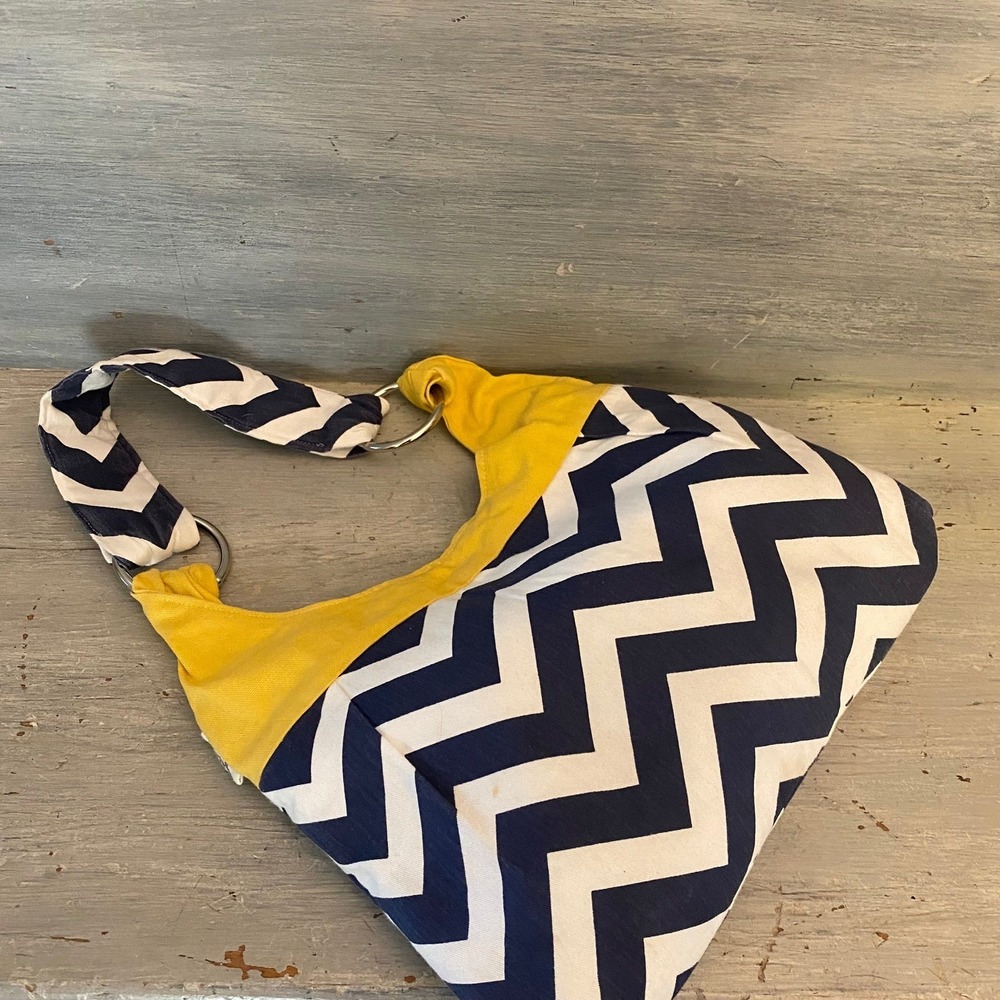 Lucy Jane Handbag Purse Yellow Navy Blue‎ Chevron Silver Hardware Good Condition